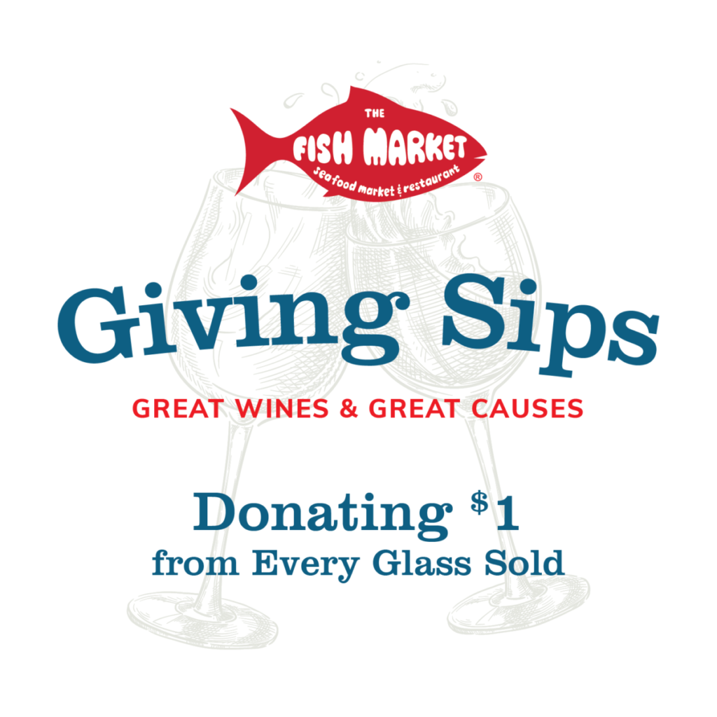 Giving Sips logo in Fish Market's red & blue with the words Great Wines & Great Causes, Donating $1 from Every Glass Sold